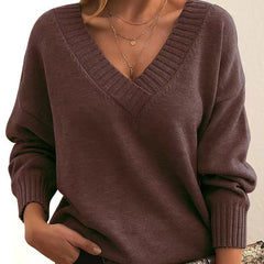 Solid V-Neck Sweater – Women's Loose Long-Sleeve Knitted Top