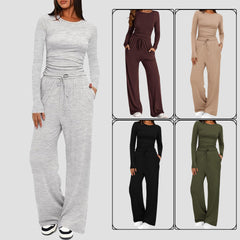 2-Piece Women’s Suit – Long Sleeve Top & High-Waist Wide-Leg Pants