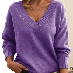 Solid V-Neck Sweater – Women's Loose Long-Sleeve Knitted Top