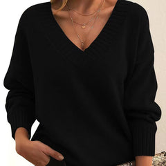 Solid V-Neck Sweater – Women's Loose Long-Sleeve Knitted Top