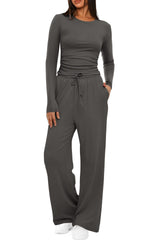 2-Piece Women’s Suit – Long Sleeve Top & High-Waist Wide-Leg Pants
