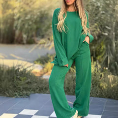 Women's Casual Two-Piece Set – Long Sleeve Top & Wide-Leg Pants