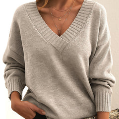 Solid V-Neck Sweater – Women's Loose Long-Sleeve Knitted Top