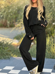 Women's Casual Two-Piece Set – Long Sleeve Top & Wide-Leg Pants