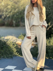 Women's Casual Two-Piece Set – Long Sleeve Top & Wide-Leg Pants