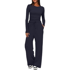 2-Piece Women’s Suit – Long Sleeve Top & High-Waist Wide-Leg Pants