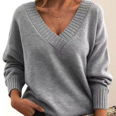 Solid V-Neck Sweater – Women's Loose Long-Sleeve Knitted Top