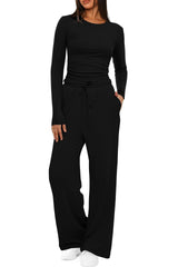2-Piece Women’s Suit – Long Sleeve Top & High-Waist Wide-Leg Pants
