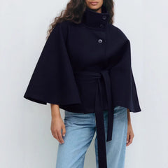 Women’s High Neck Batwing Sleeve Coat with Belt – Winter Trench