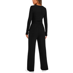 2-Piece Women’s Suit – Long Sleeve Top & High-Waist Wide-Leg Pants