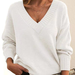 Solid V-Neck Sweater – Women's Loose Long-Sleeve Knitted Top