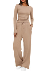 2-Piece Women’s Suit – Long Sleeve Top & High-Waist Wide-Leg Pants