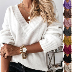 Solid V-Neck Sweater – Women's Loose Long-Sleeve Knitted Top