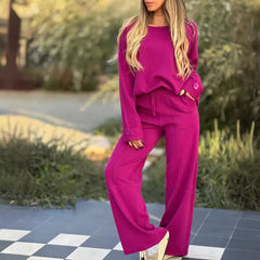 Women's Casual Two-Piece Set – Long Sleeve Top & Wide-Leg Pants