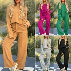 Women's Casual Two-Piece Set – Long Sleeve Top & Wide-Leg Pants
