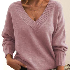 Solid V-Neck Sweater – Women's Loose Long-Sleeve Knitted Top