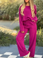 Women's Casual Two-Piece Set – Long Sleeve Top & Wide-Leg Pants