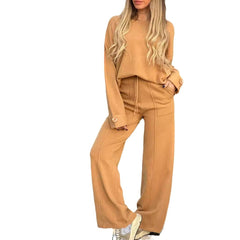 Women's Casual Two-Piece Set – Long Sleeve Top & Wide-Leg Pants