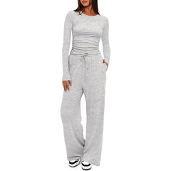 2-Piece Women’s Suit – Long Sleeve Top & High-Waist Wide-Leg Pants