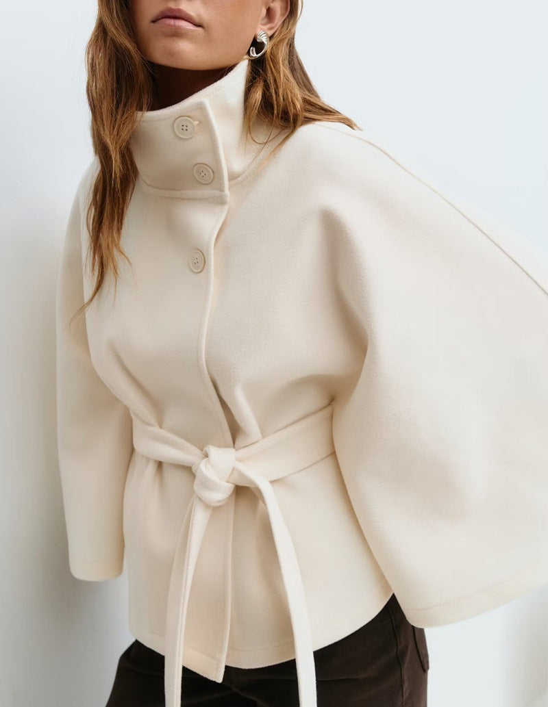 Women’s High Neck Batwing Sleeve Coat with Belt – Winter Trench
