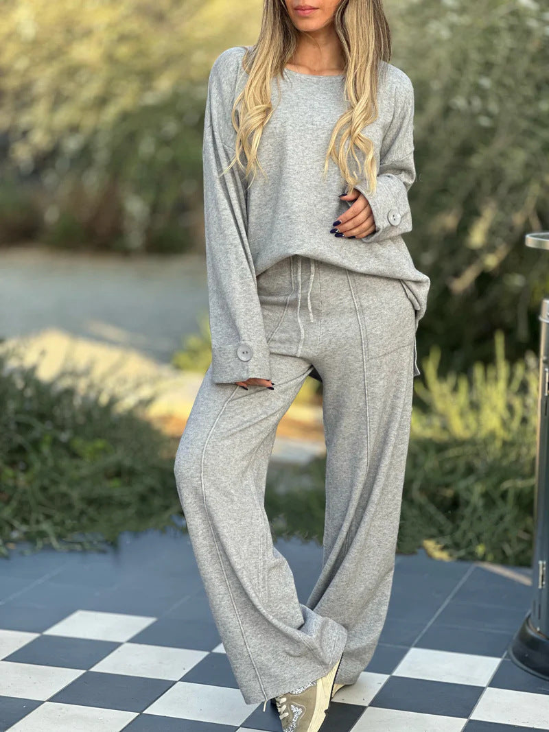 Women's Casual Two-Piece Set – Long Sleeve Top & Wide-Leg Pants