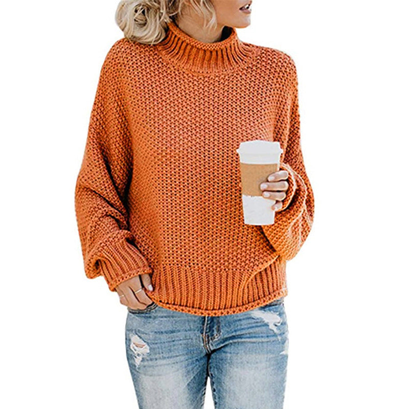Solid Turtleneck Pullover Sweater – Women's Winter Knitted Top