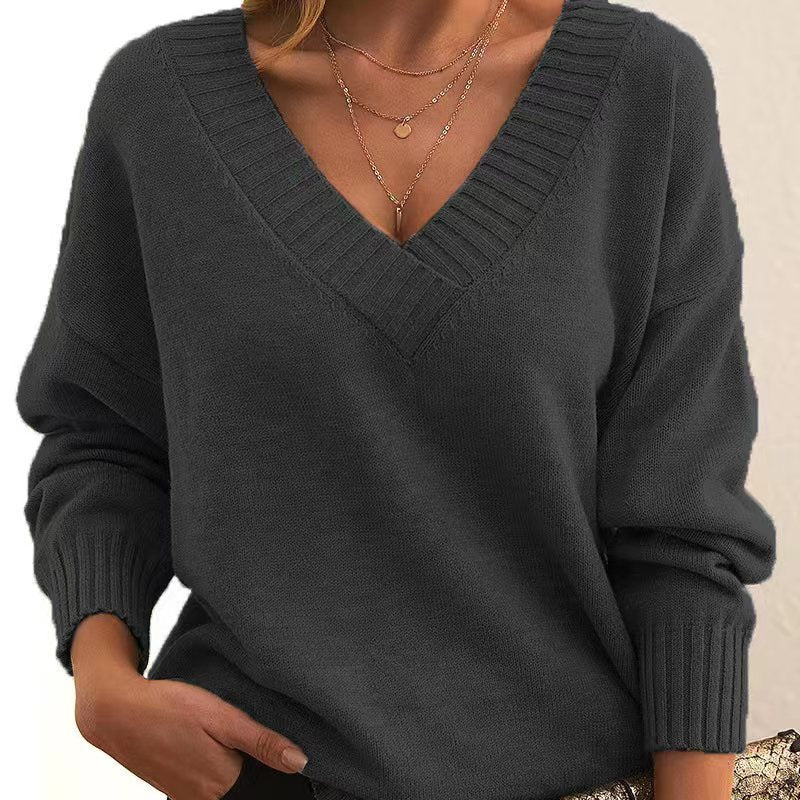 Solid V-Neck Sweater – Women's Loose Long-Sleeve Knitted Top