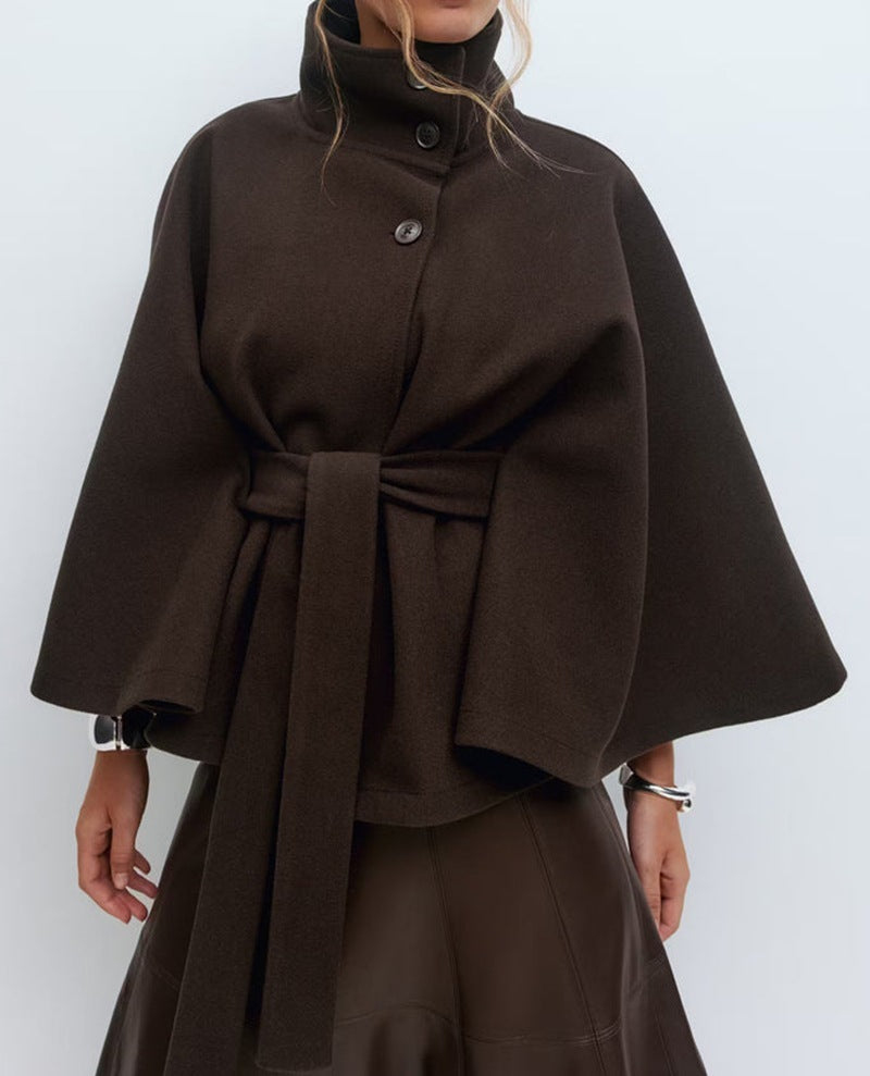 Women’s High Neck Batwing Sleeve Coat with Belt – Winter Trench