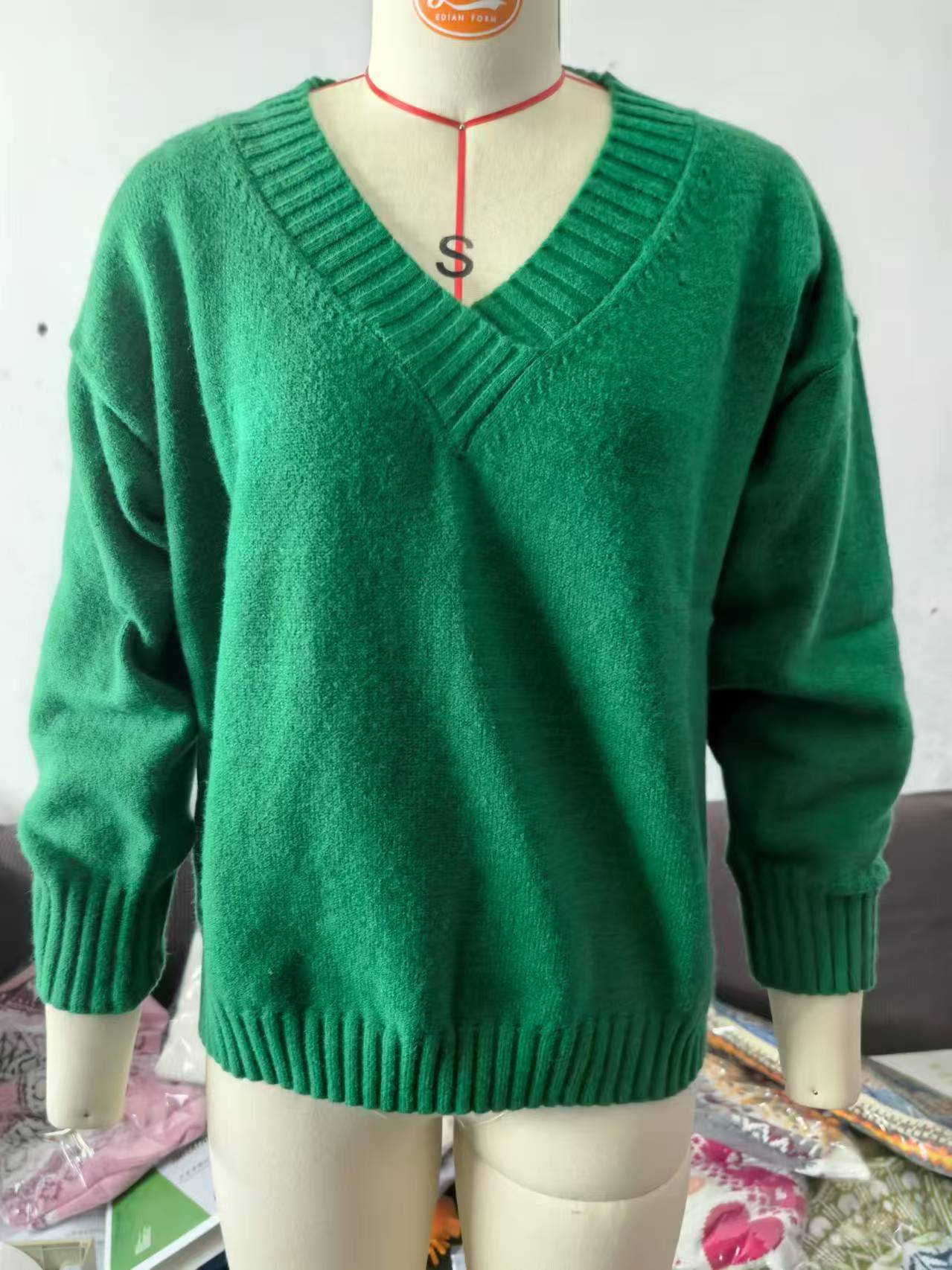 Solid V-Neck Sweater – Women's Loose Long-Sleeve Knitted Top