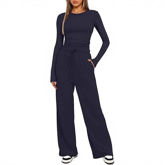 2-Piece Women’s Suit – Long Sleeve Top & High-Waist Wide-Leg Pants