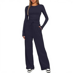 2-Piece Women’s Suit – Long Sleeve Top & High-Waist Wide-Leg Pants