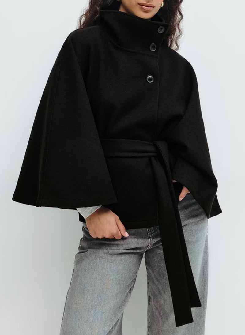 Women’s High Neck Batwing Sleeve Coat with Belt – Winter Trench