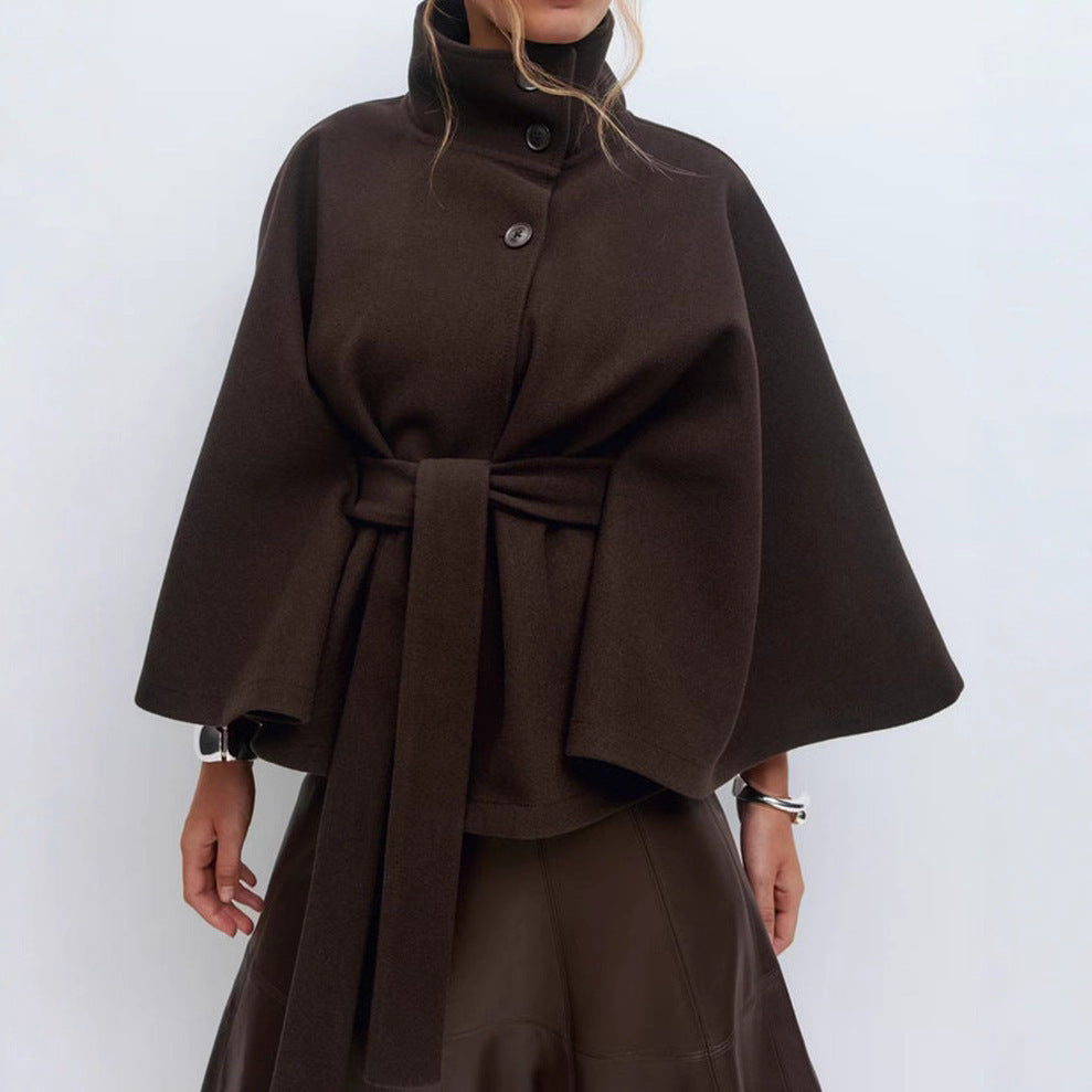 Women’s High Neck Batwing Sleeve Coat with Belt – Winter Trench