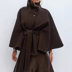Women’s High Neck Batwing Sleeve Coat with Belt – Winter Trench