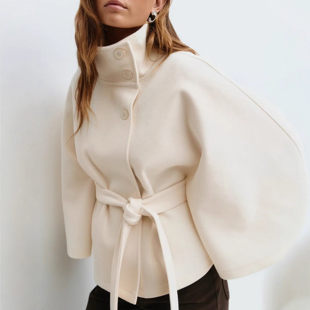 Women’s High Neck Batwing Sleeve Coat with Belt – Winter Trench