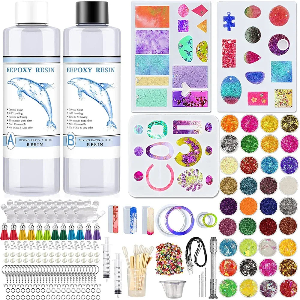 DIY Epoxy Resin Kit for Beginners with Silicone Molds Pigment Glitters Jewelry Pendant Earrings Keychain Making Accessories