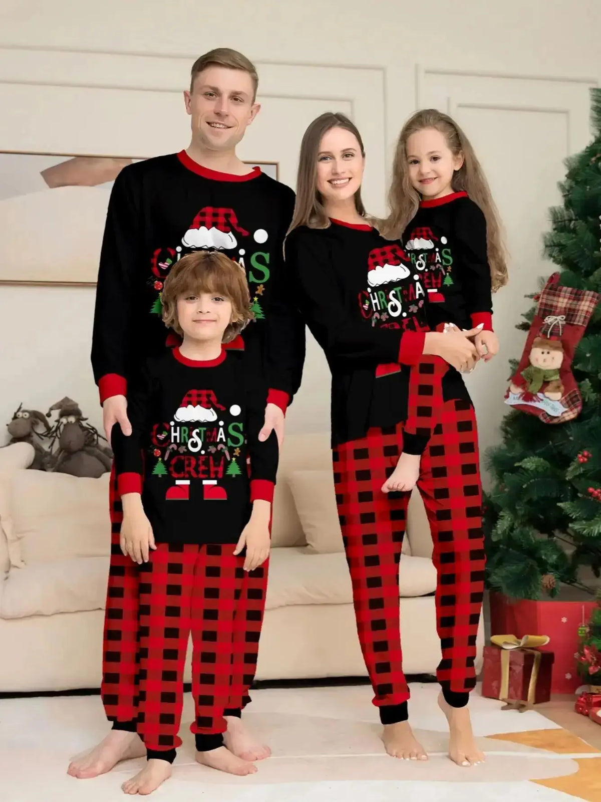Family Matching Christmas Pajamas Set with Plaid, Santa & "CHRISTMAS CREW" Print, Cozy Xmas Loungewear