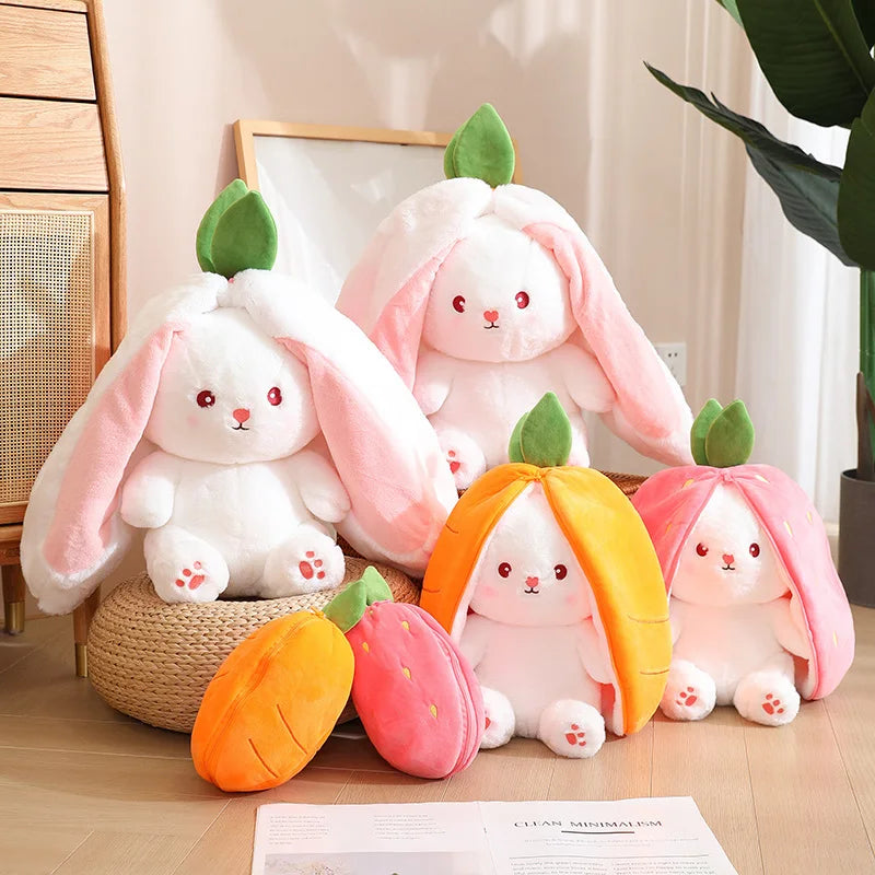 Stuffed Soft Bunny Hiding in Strawberry & Carrot Bag