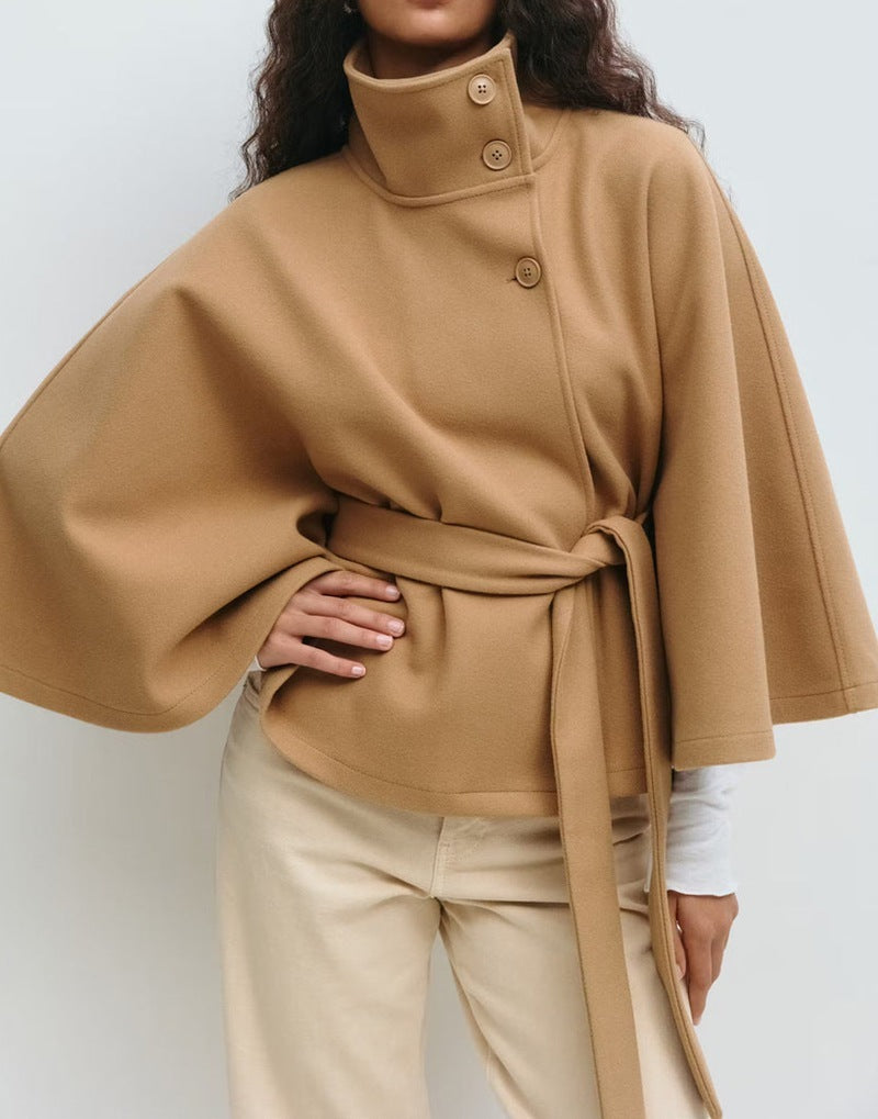 Women’s High Neck Batwing Sleeve Coat with Belt – Winter Trench