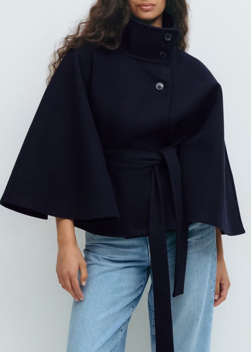 Women’s High Neck Batwing Sleeve Coat with Belt – Winter Trench