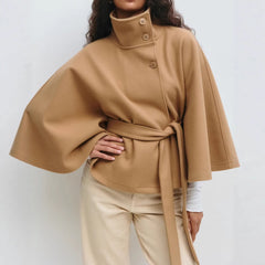 Women’s High Neck Batwing Sleeve Coat with Belt – Winter Trench