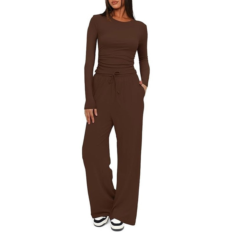 2-Piece Women’s Suit – Long Sleeve Top & High-Waist Wide-Leg Pants