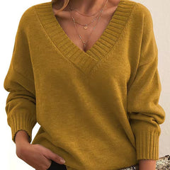 Solid V-Neck Sweater – Women's Loose Long-Sleeve Knitted Top
