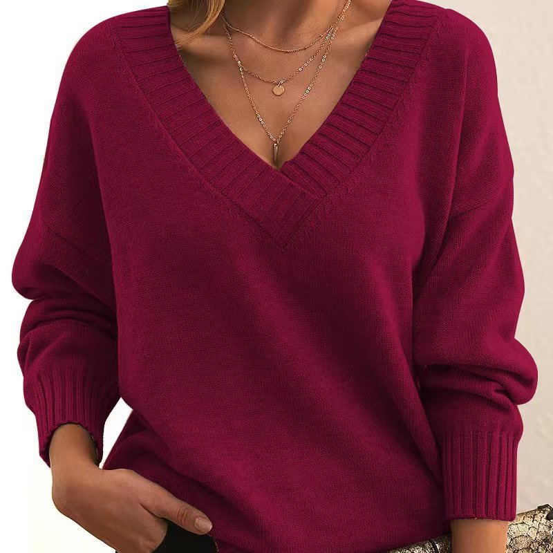 Solid V-Neck Sweater – Women's Loose Long-Sleeve Knitted Top