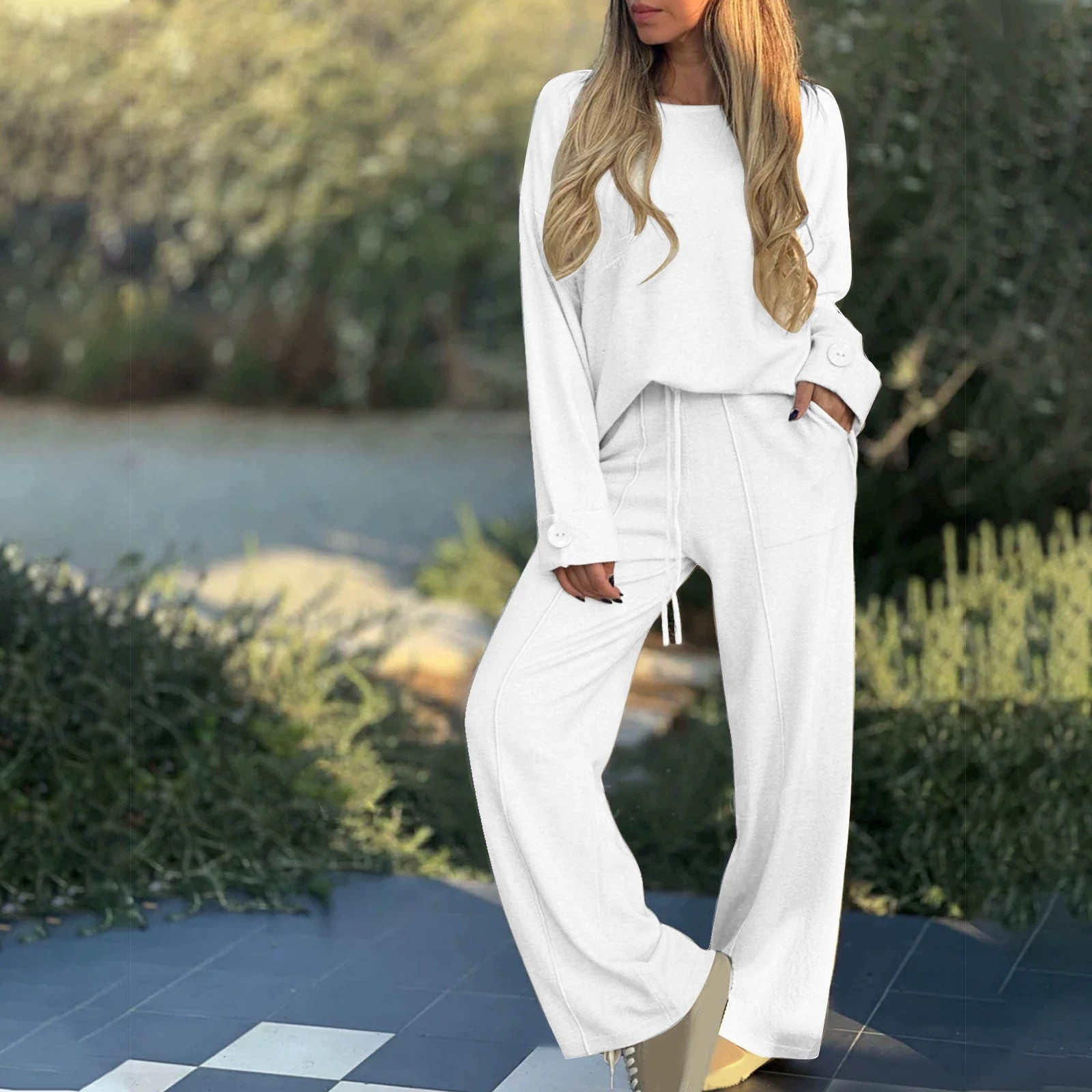 Women's Casual Two-Piece Set – Long Sleeve Top & Wide-Leg Pants