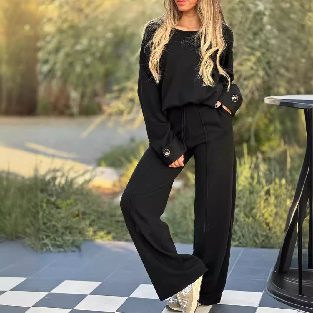 Women's Casual Two-Piece Set – Long Sleeve Top & Wide-Leg Pants